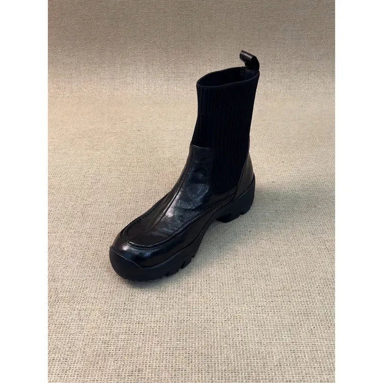 nnmiss·34-41/5cm百搭复古短靴新款圆头拼接针织运动风厚底瘦瘦靴