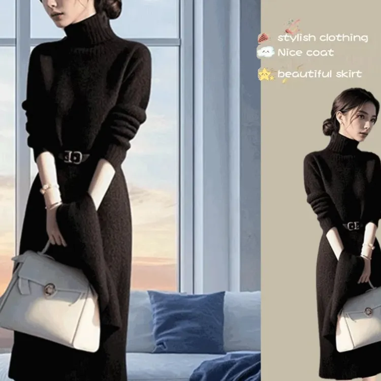 韩国高档高级感气质名媛时尚高领秋冬配腰带OL过膝针织毛衣连衣裙