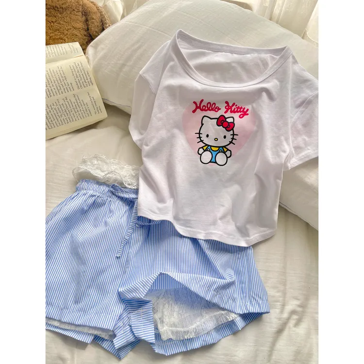 韩版甜美少女卡通hellokitty印花短袖短裤睡衣女春夏款家居服套装