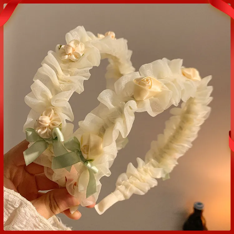 新款超仙网纱玫瑰发箍女春夏高颅顶褶皱宽边头饰合金镀层非镶嵌自