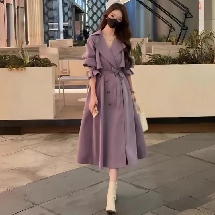 高级感韩系休闲风衣外套女春秋新款双排扣洋气收腰中长款过膝大衣