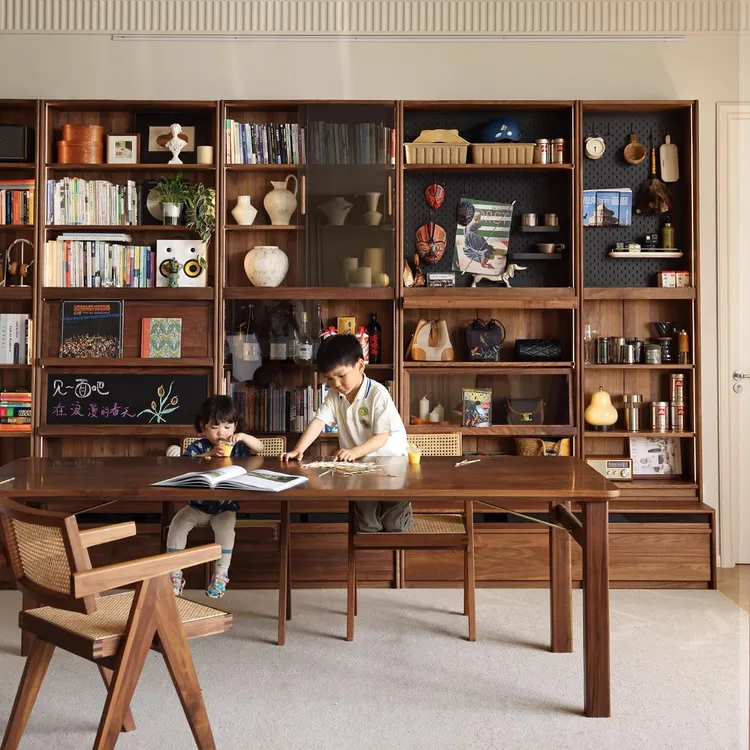 北美黑胡桃木书柜一体整墙客厅落地卡座组合实木满墙书柜展示柜