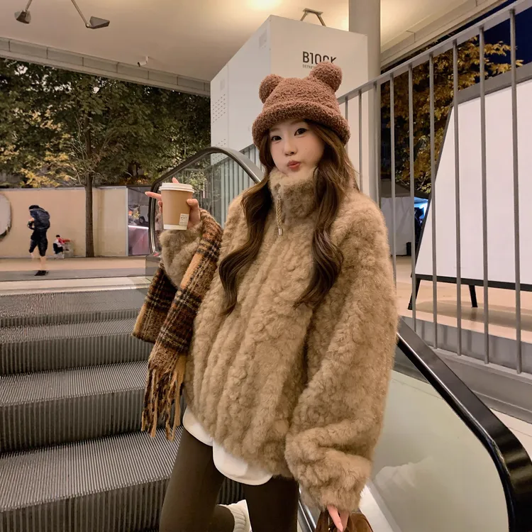 人造皮草 2025新款毛绒外套女冬立领加厚皮毛一体毛茸茸宽松上衣