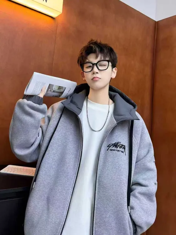 青少年男童加棉卫衣外套韩版拼接百搭灰色秋冬拉链开衫加棉保暖