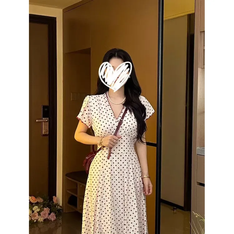 法式气质V领波点泡泡袖连衣裙刺绣洋气收腰显瘦后绑带长裙1015#A