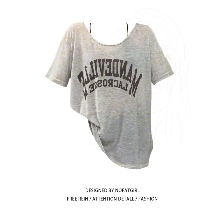 大码胖妹妹美式复古U领微透宽松短袖t恤女夏季设计感字母印花上衣