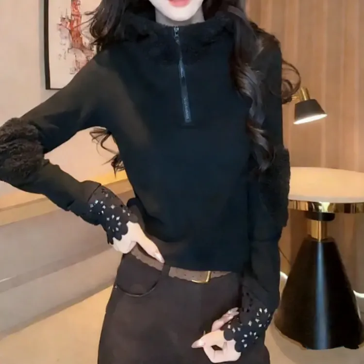 【布丁蕾丝】修身气质洋气时尚连帽款蕾丝打底T恤2025秋冬新款上衣