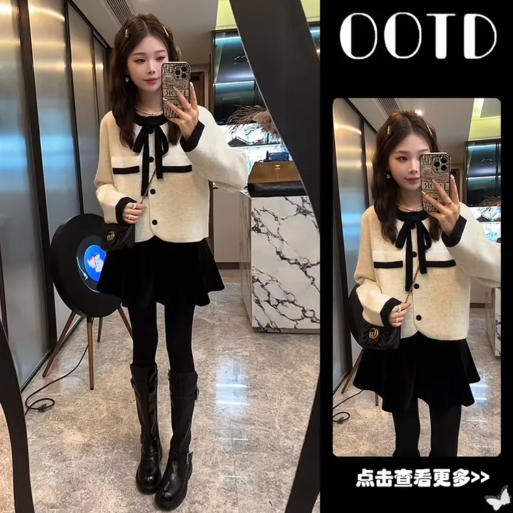 超火秋季穿搭一整套女2025新款圆领蝴蝶结针织开衫百搭短裙两件套