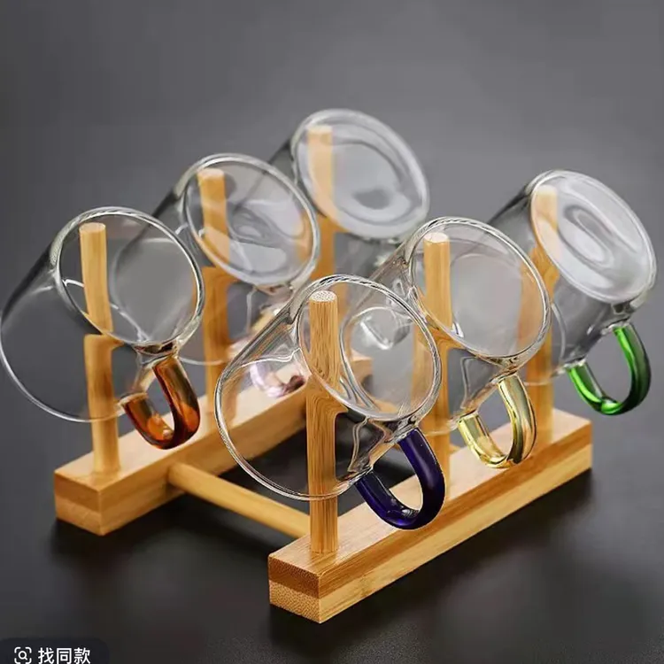 《6只把杯+杯架》六色茶杯把杯带杯架高硼硅玻璃把杯茶道喝水杯