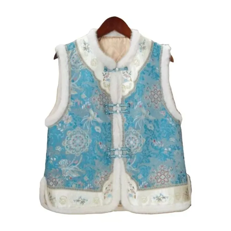 秋冬新款新中式国风盘扣毛领加厚夹棉马甲女毛毛拼接保暖背心坎肩