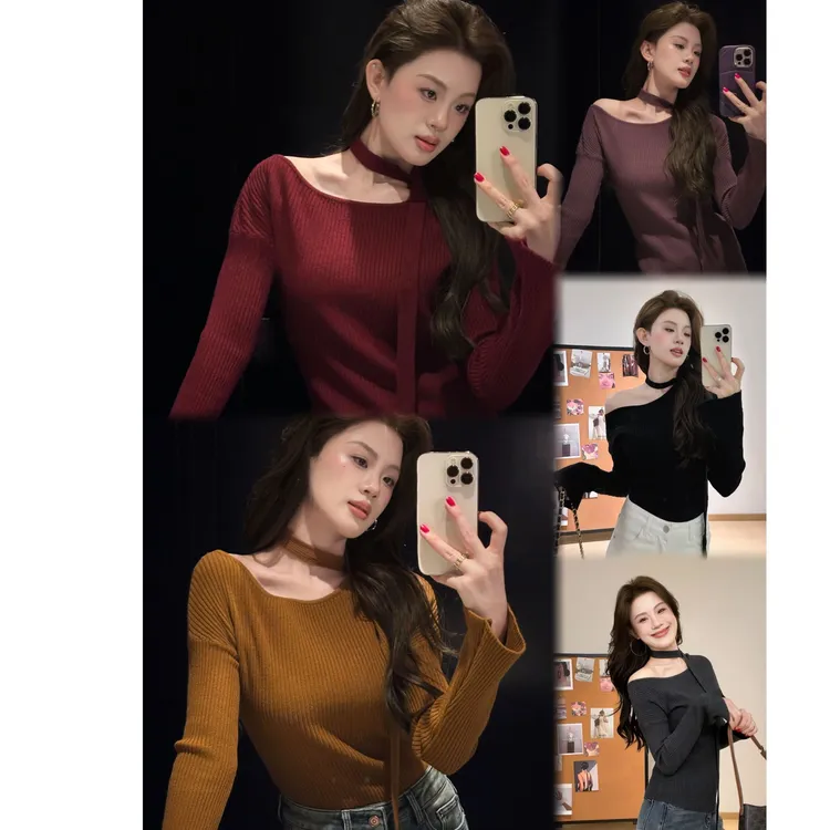 YPP!【撩心莫妮卡】韩系简约气质修身斜肩露肩系带挂脖毛衣针织衫