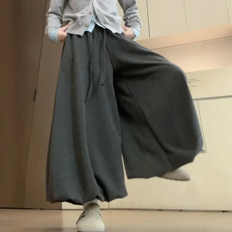 灰色针织糯米花苞裙裤女2025新款秋季大码女胖mm阔腿显瘦灯笼裤裙