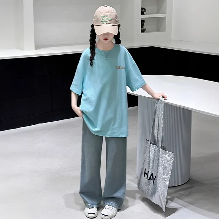 女大童夏季短袖套装2025新款洋气时髦女孩夏装T恤牛仔裤两件套潮