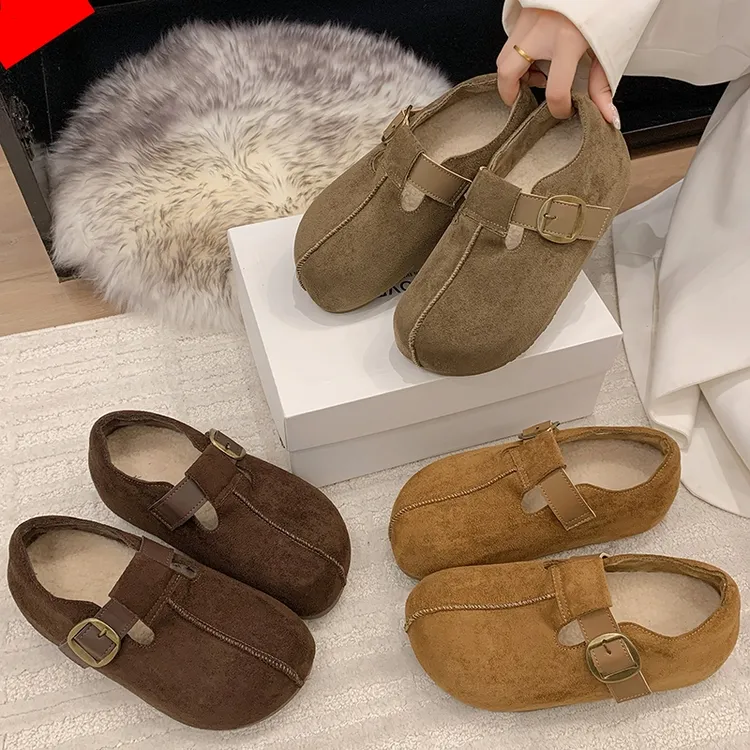 复古加绒勃肯鞋女外穿2025秋冬新款厚底内增高一脚蹬乐福鞋女棉鞋