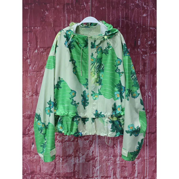 【韩哥女装】设计师高定欧货绿色迷彩叠层拼接连帽防晒外套7513A