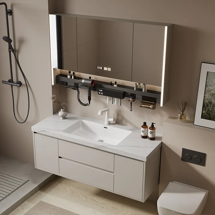 岩板浴室柜无缝一体盆卫生间简约洗脸盆多功能置物镜柜台面卫浴柜