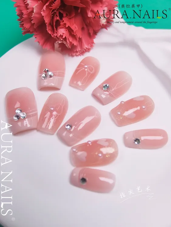 【高品质】夏季猫眼镶钻粉色系纯手工穿戴甲短款爱心