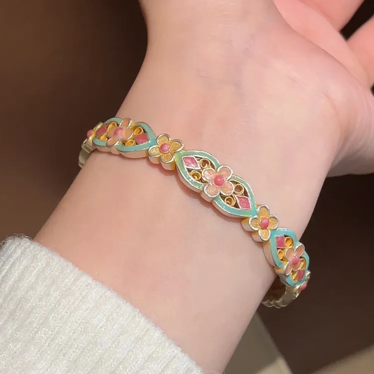 足银珐琅手镯 足银9999手镯珐琅彩描金纯银镯子高级感礼物国风