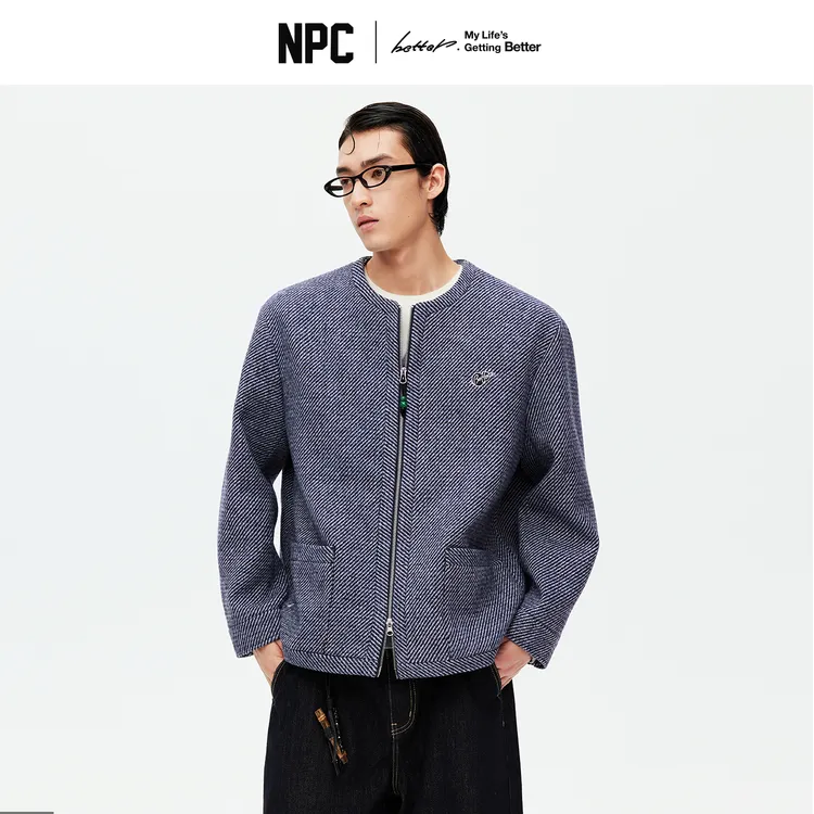 NPC潮牌【青花鹤福】新中式无领格纹拉链开衫夹克小香风NP59TJ04