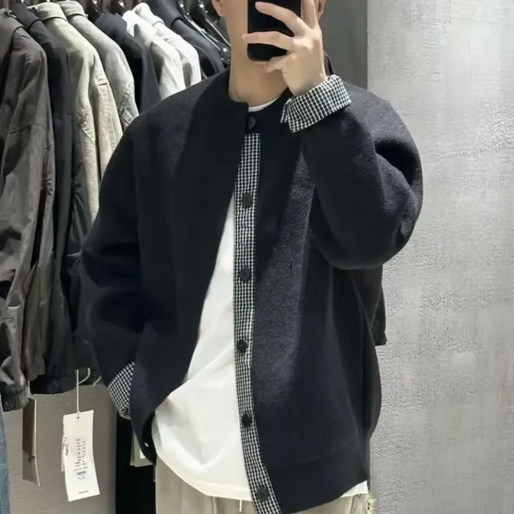 宽松时尚百搭千鸟格拼接假两件质感男士长袖毛衣开衫秋季慵懒风