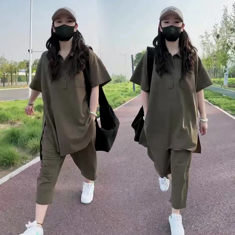 微胖穿搭宽松遮肉短袖休闲套装女2025夏纯色简约半袖九分裤两件套