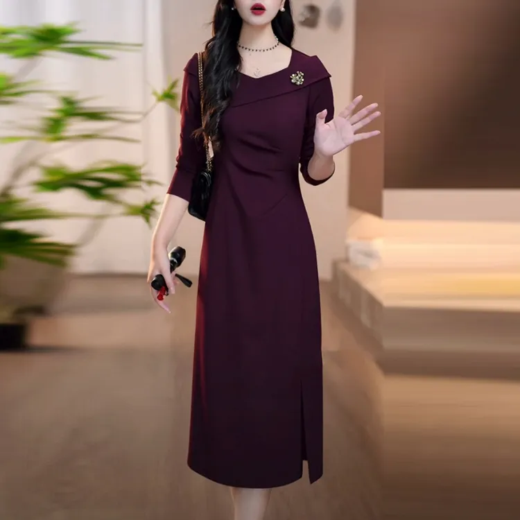 棉感精纺轻奢女装2025秋季新款高级感长袖修身显瘦中长款连衣裙子