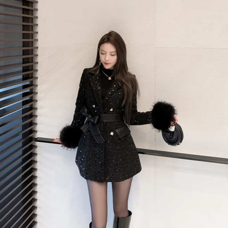 【夜色巴黎】冬季新款加棉加厚亮片粗花呢显瘦毛毛袖外套WT-2966