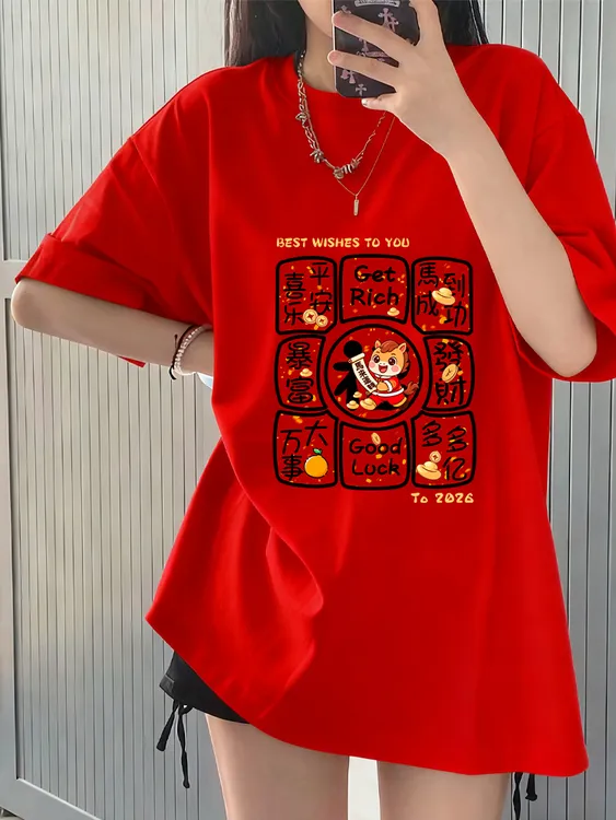 红色纯棉短袖t恤女新款2026宽松韩版慵懒风体恤马年本命年衣服ins