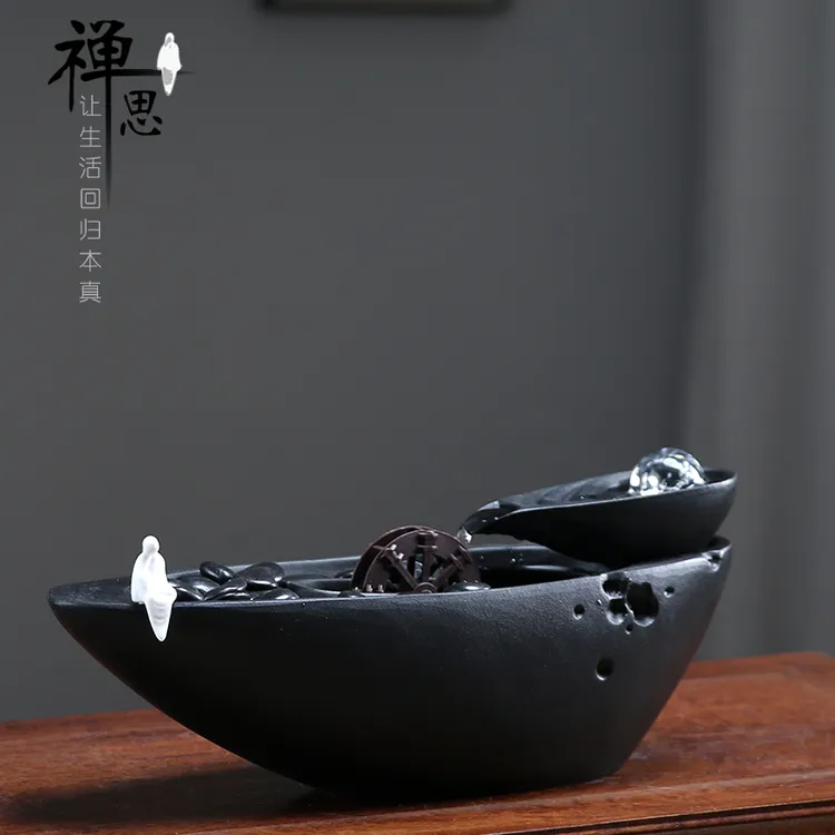 朴记禅意陶瓷流水摆件循环水桌面风水轮招财客厅柜子生财装饰黑色