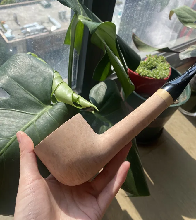 原木色手工石楠根瘤烟斗 特大平底锅有小沙眼 