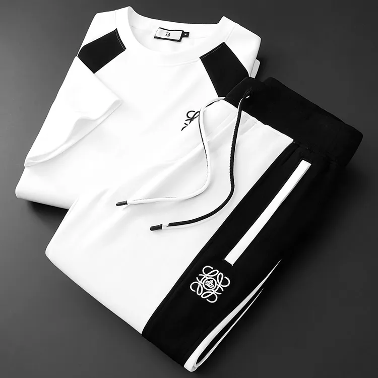 高端莫代尔时尚休闲运动套装男修身夏季薄款短袖t恤卫裤两件套男