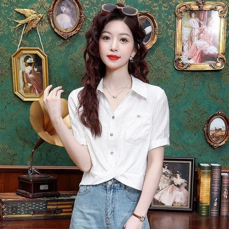 时尚减龄不规则扭结短袖衬衫女2025年夏季新款宽松气质显瘦上衣潮