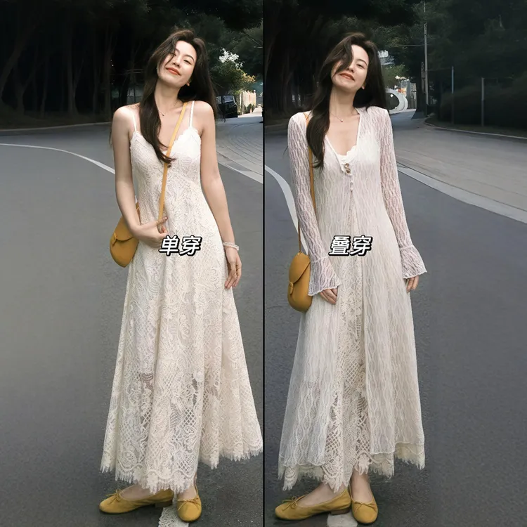 开夏穿搭套装女大码胖mm法式温柔叠穿镂空开衫绝美蕾丝吊带连衣裙