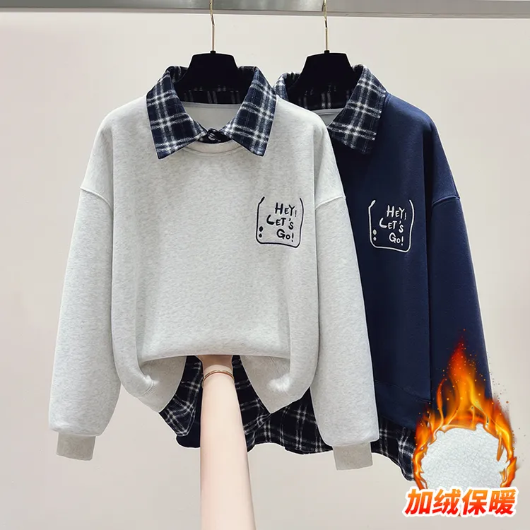 高中生学院风加绒加厚卫衣女宽松初中学生冬季假两件翻领上衣外套