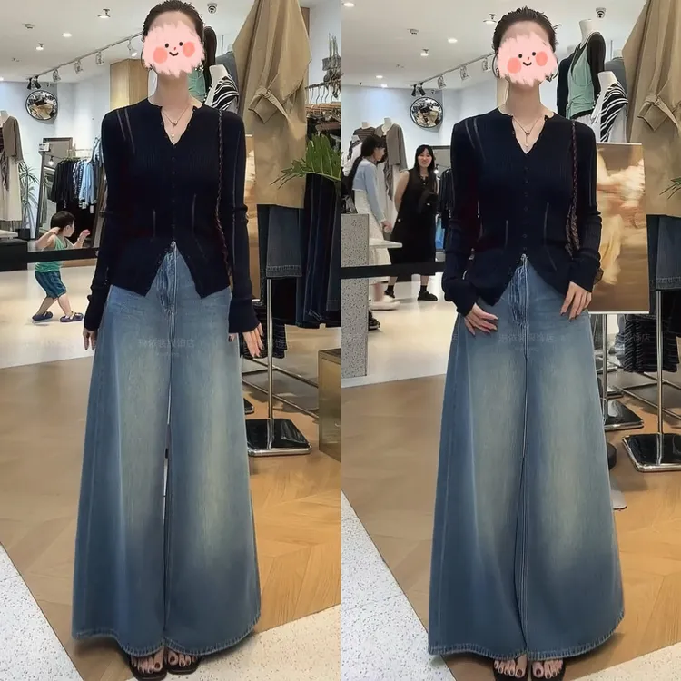 2025秋季设计感单排扣长袖镂空针织衫显瘦百搭阔腿牛仔裤休闲套装