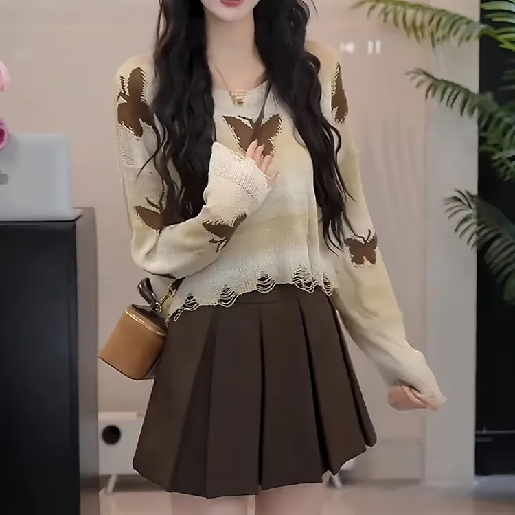 法式时尚减龄破洞蝴蝶针织衫女秋季新款大码胖mm显瘦遮肚气质上衣