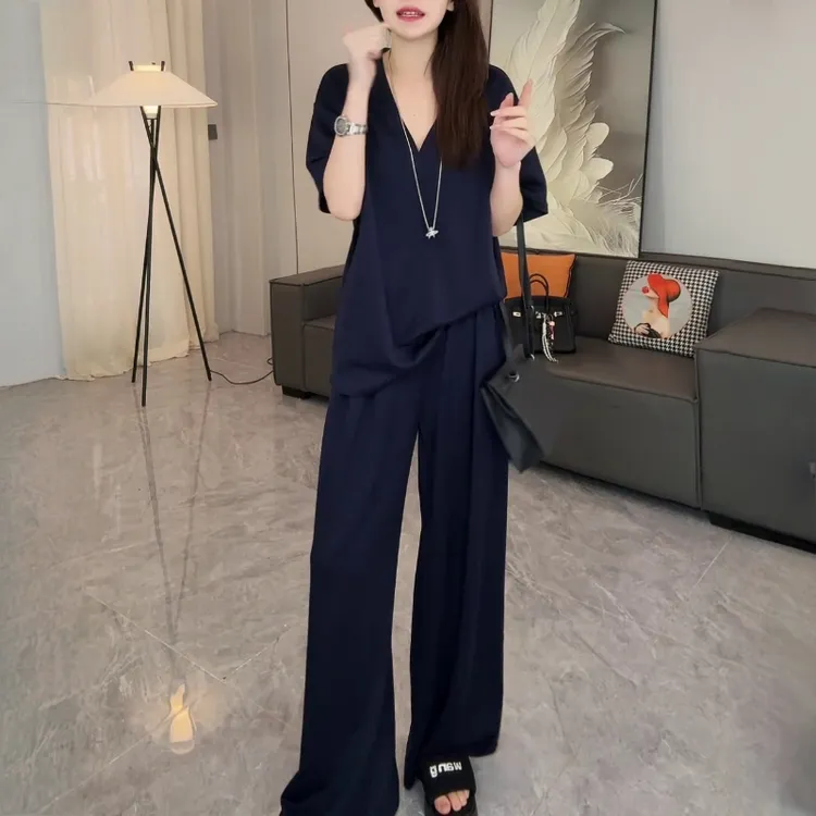 藏蓝色气质休闲套装女2025夏季爆款显瘦短袖上衣抽绳阔腿裤两件套