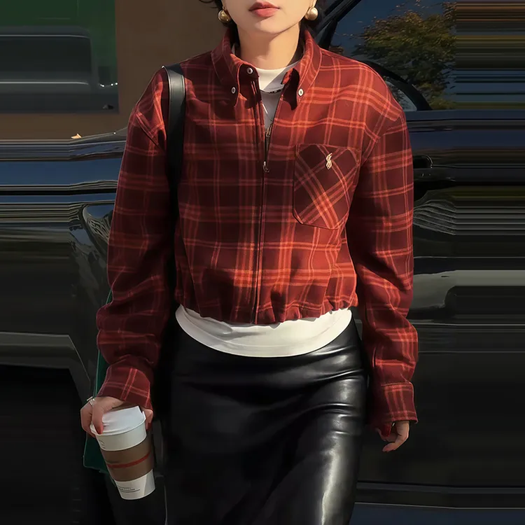 轻熟风秋冬时髦拉链衬衫2025年新款百搭气质女装口袋格子宽松上衣