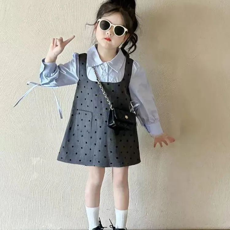 儿童新款衬衫春季假两件长袖纯色宝宝裙学院风春秋韩版洋气秋季