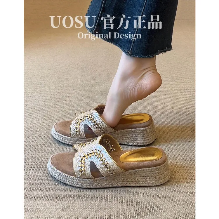 UOSU正品真皮一字凉拖鞋女夏外穿草编坡跟松糕鞋厚底拖鞋高跟凉鞋