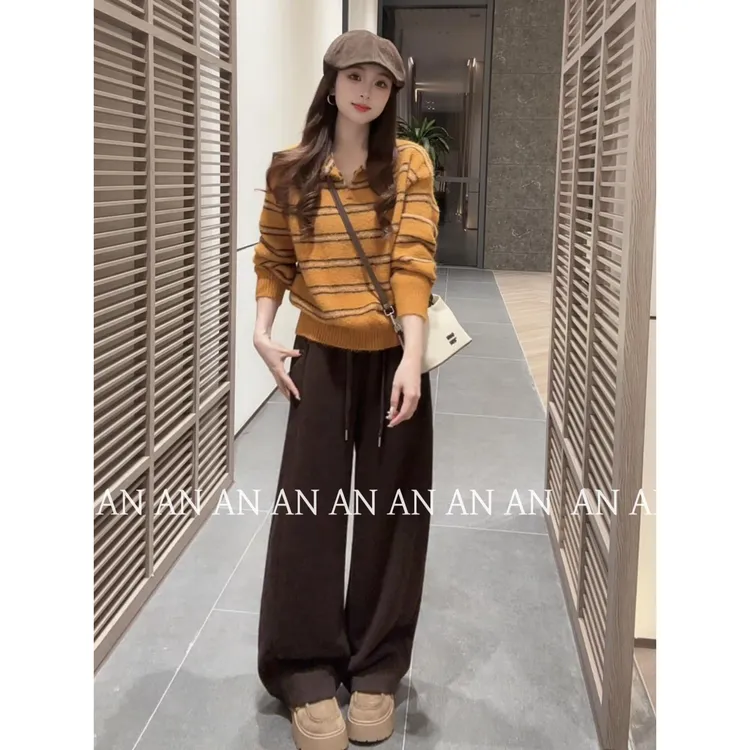 安南漂亮橘色条纹针织衫女慵懒毛衣女巨好看早秋冬季穿搭减龄上衣