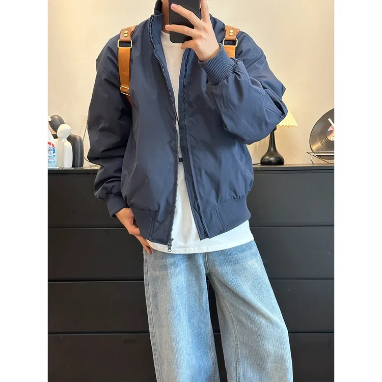 藏青色美式bomber立领羽绒服男冬季情侣飞行员夹克白鸭绒棉衣外套