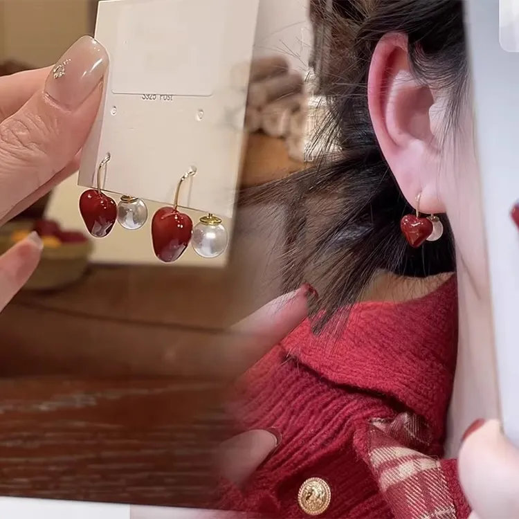 红色爱心珠珠两戴耳钉女耳环2026新款爆款百搭耳饰轻奢小众高级感商品图