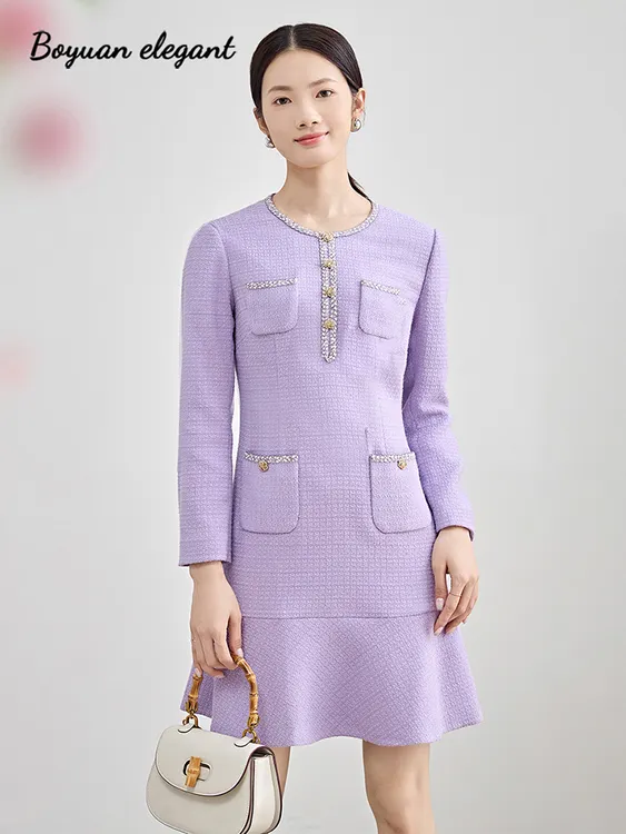 柏媛法式小香风高腰显瘦修身鱼尾紫色连衣裙女名媛针织气质鱼尾裙