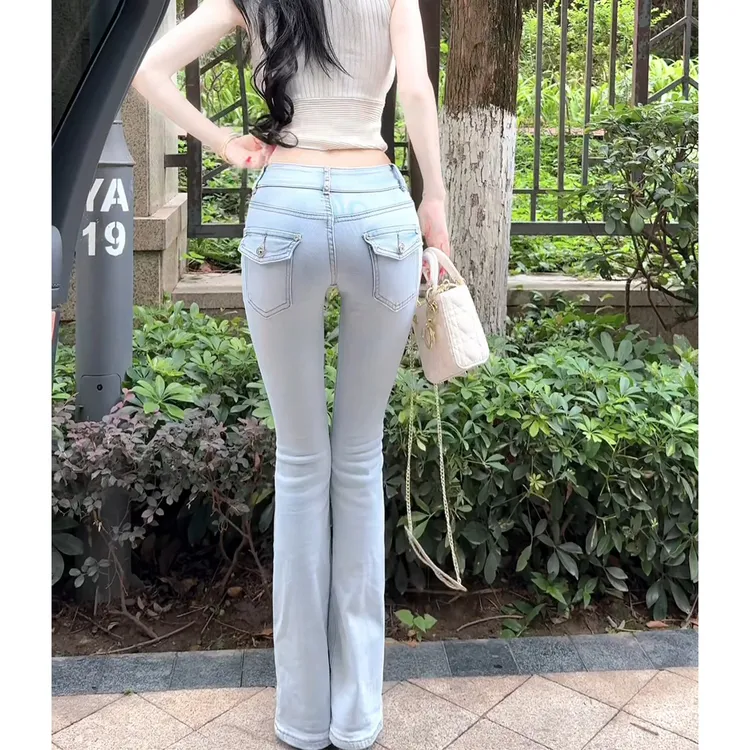 【格蓝度官方旗舰店】提臀浅色低腰微喇牛仔裤女夏季修身百搭喇叭裤
