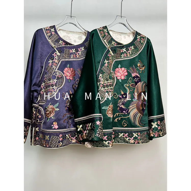 【花滿林】两色圆领重工刺绣盘扣醋酸外套25080