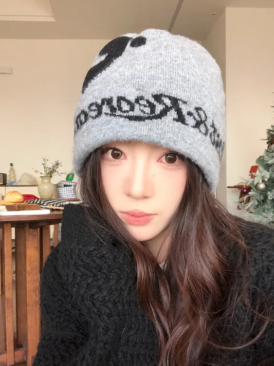 韩国逗号字母灰色针织帽双层保暖毛线帽子小众潮流冷帽