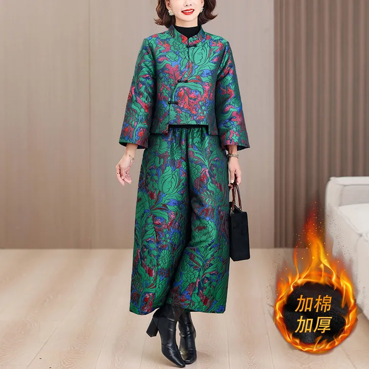 2025秋冬新款提花宽松夹棉外套大码显瘦花苞阔腿裤高档两件套