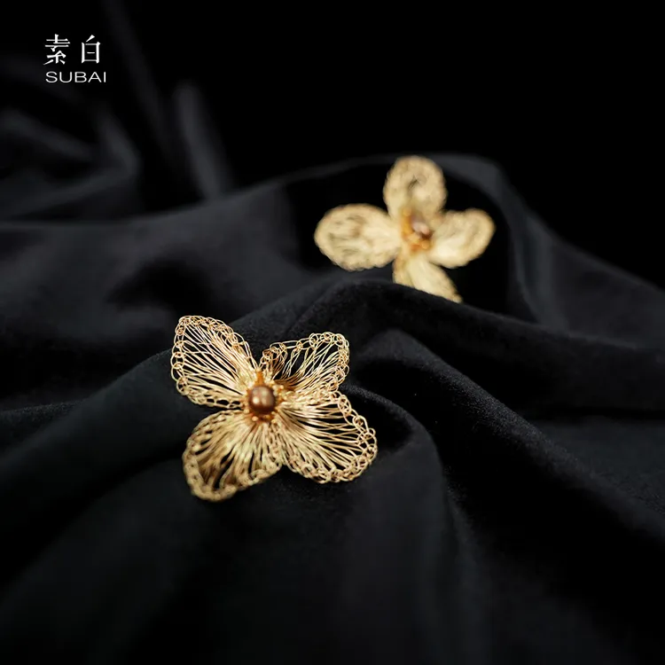 黄铜贝壳耳饰 复古手工编织花朵耳饰802847