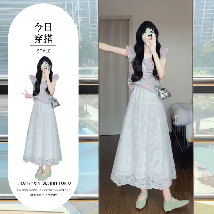 2025夏季新款韩系荷叶边碎花娃娃衫上衣蕾丝白色a字半身裙两件套